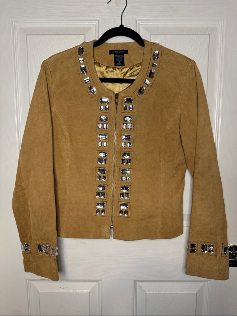 Boston Proper Camel Brushed Leather Jacket with Crystal Embellishments